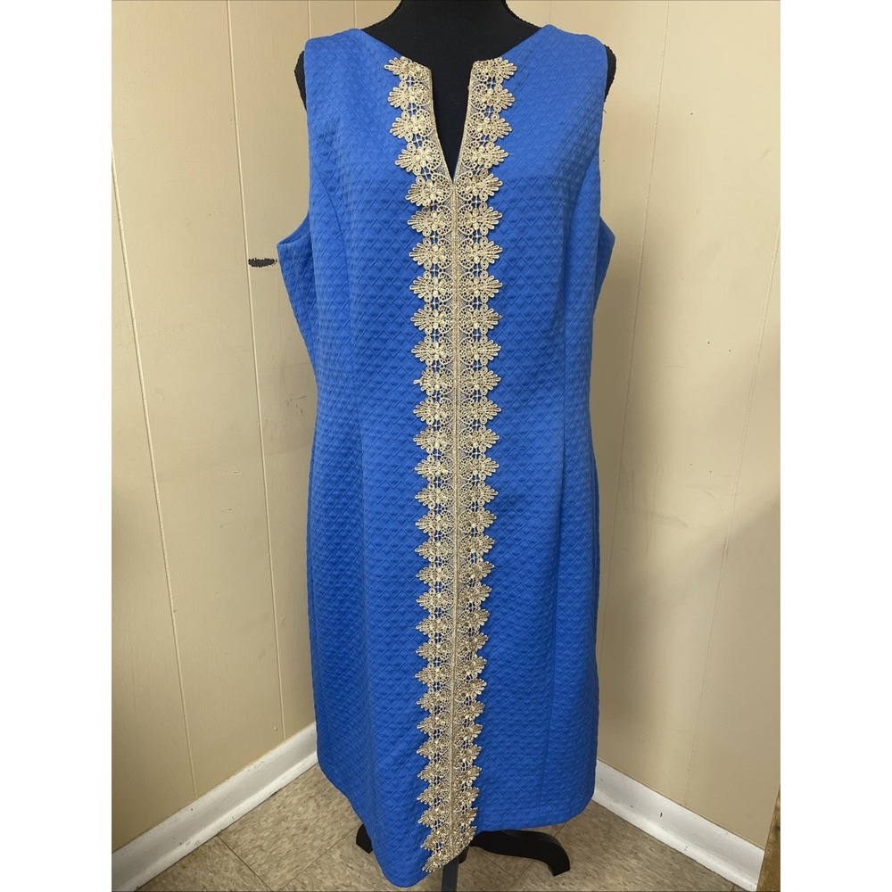 Pappagallo Women's Sleeveless Dress Size 16, Lined,‎ Blue With Gold Trim